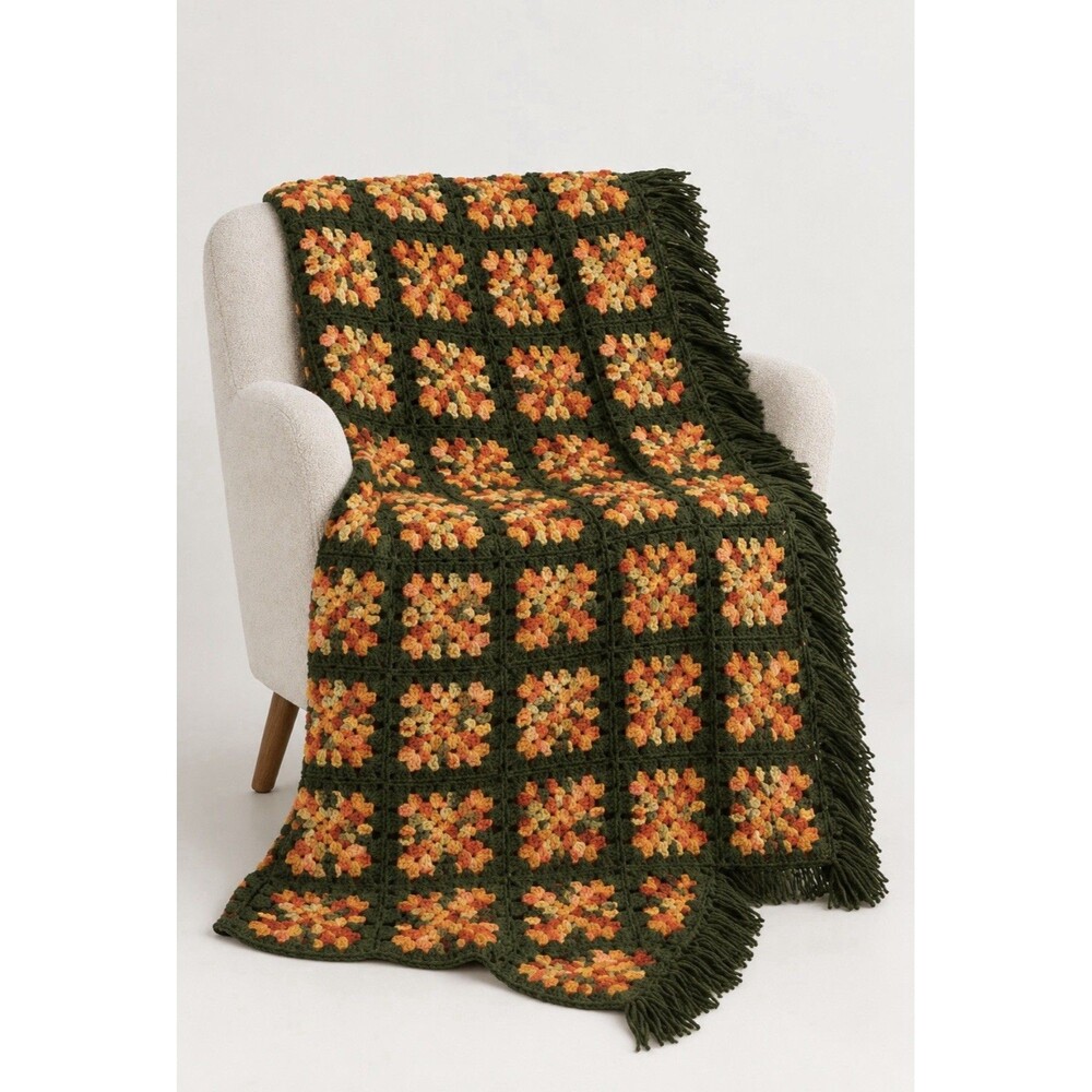 Granny Square Afghan Green Orange Yellow Blanket 57x68 Psychedelic Spring Fringe